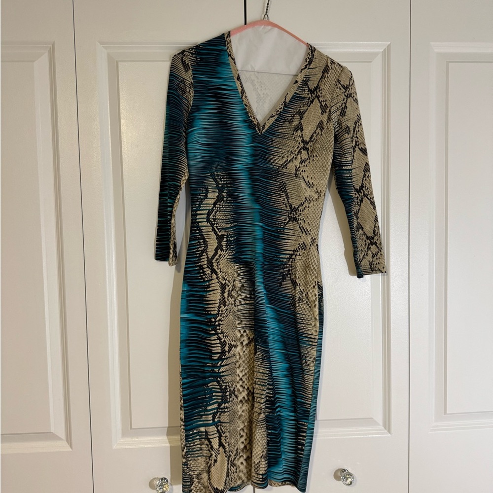Roberto Cavalli Blue and Tan Bodycon Dress V-Neck 3/4 Sleeve